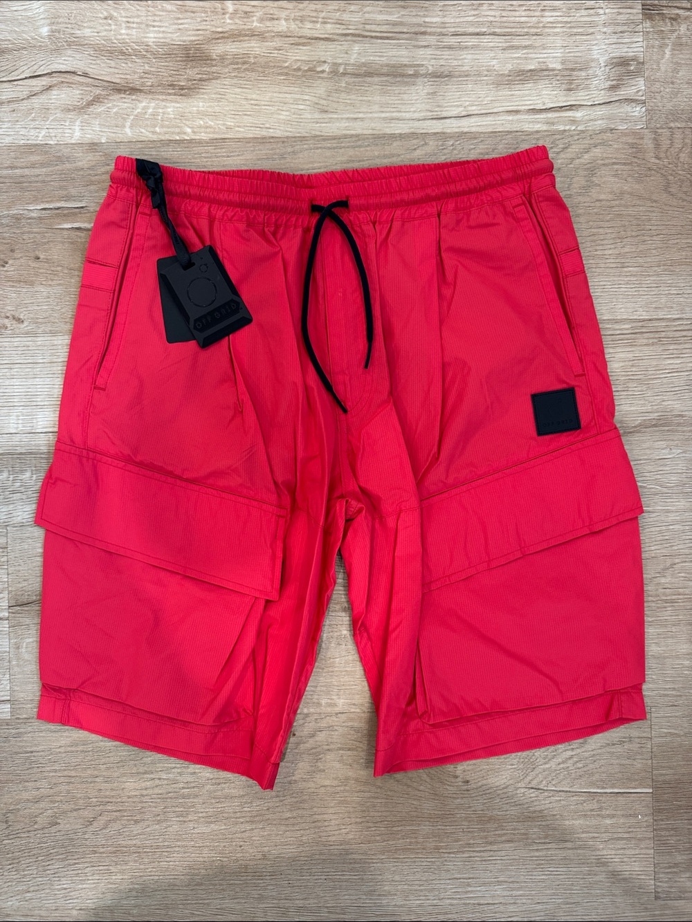 Men's Red Cargo Shorts with Elastic Waist and Utility Pockets